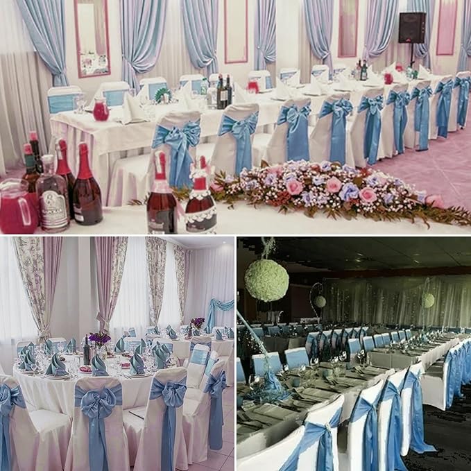 100 PCS Satin Chair Sashes Decorative Bow Chair Sashes Ties Back Ribbon Bows Seat Cover Band for Wedding Birthday Party Hotel Ceremony Reception Event Banquet Home Kitchen Decor(7x108inch,Dusty Blue)