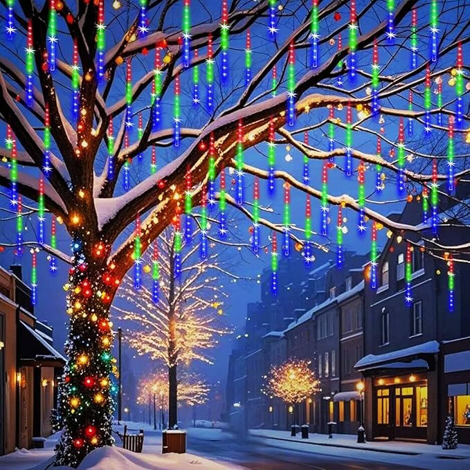 Meteor Shower Outdoor Christmas Lights 32 Tube 768LEDs Snow Falling Rain Cascading Icicle Light for Christmas Halloween Tree Decorations Wedding Party Garden Decor, UL Plug Multi Color