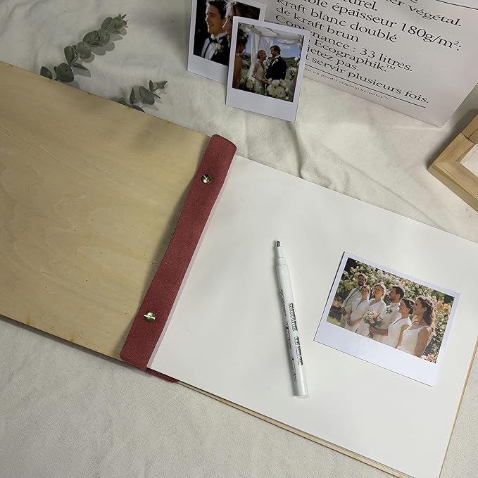 NBE Personalized Wooden Guest Book - Custom Wedding Sign-In Book with Burgundy Spine - Rustic Photo Album for Messages & Polaroids - Couples Keepsake Memory Gift (8.5x11.5 Inches)