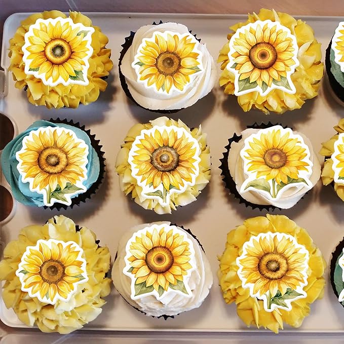 48 Pack Edible Sunflowers Cupcake Toppers Wafer Paper Floiwers Cupcake Picks Edible Yellow Sun Flower Cake Decor for Sunflower Theme Party Wedding Baby Shower Birthday Supplies (Sunflowers)