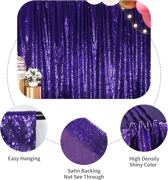 SquarePie Sequin Backdrop Curtain Not See Through Thick Glitter Background for Party 8FT x 10FT Purple