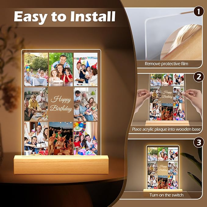 Custom Picture Frames with Photo, Personalized Collage Photo Frame with Night Light, Customized Picture Frame, Personalized Birthday Gifts for Women, Men, Him, Her, Mom, Dad, Family