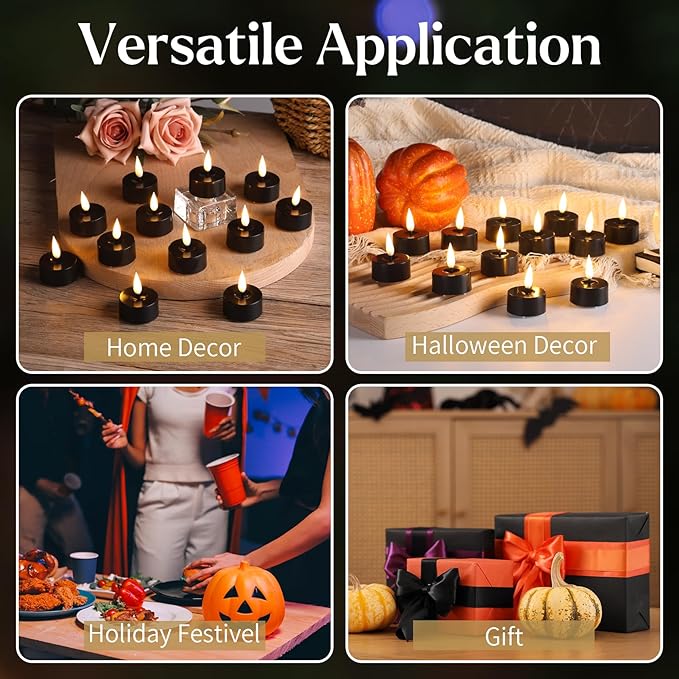 Eywamage Black Halloween LED Tealights, Flickering Flameless Tea Lights Votive Candles Set of 12