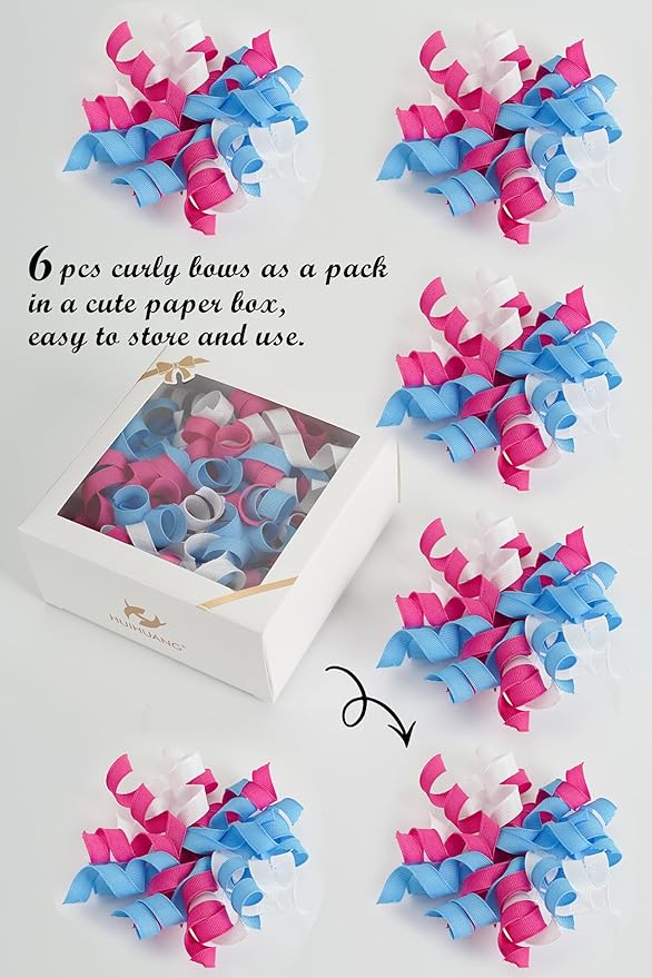 HUIHUANG Baby Shower Bows for Gift Wrapping, Blue/Pink/White Curly Ribbon Bows Self Adhesive Burst Gift Bow for Gender Reveal Party, Baby Shower Favors, Wine Bottle, Treat Bags - 6 Counts