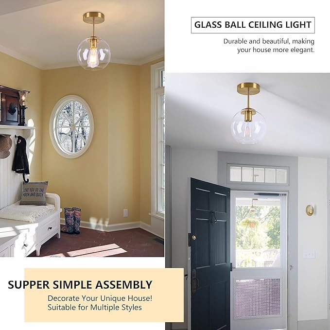 Gold Semi Flush Mount Ceiling Light Fixture with Clear Glass Light Fixture Mid Century Light Fixtures Gold Semi Flush Ceiling Light Fixtures for Dining Room Kitchen Island (Bulb Incl)