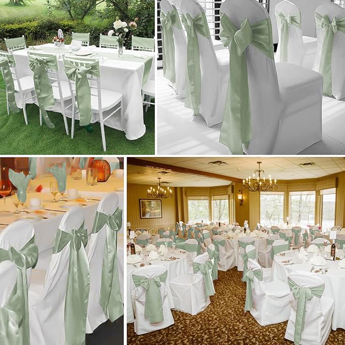 fani 60 PCS Sage Green Satin Chair Sashes Bows Universal Chair Cover for Wedding Reception Restaurant Event Decoration Banquet,Party,Hotel Event Decorations (7 x 108 inch)
