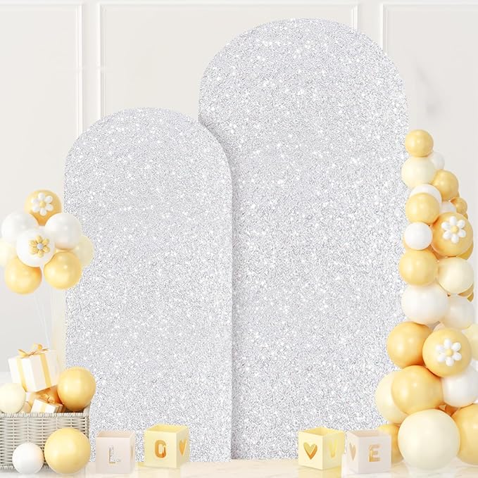 MODFUNS Metal Arch Backdrop Stand and Cover Set 6&7.2ft Silver Sequins Arch Cover Set of 2 Metal Arch Frame with Covers Balloon Arch Stands for Wedding Ceremony Banqet Party Reception