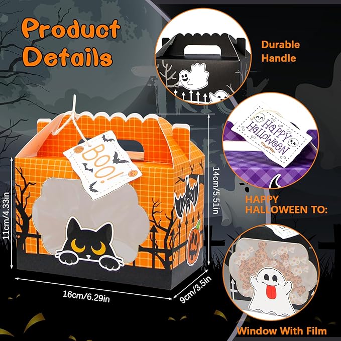 24 Pack Halloween Treat Boxes, Trick or Treat Candy Boxes with Window Halloween Party Favors Gift Goodie Boxes Supplies for Cookie Biscuit Donuts Dessert Cupcake Pie