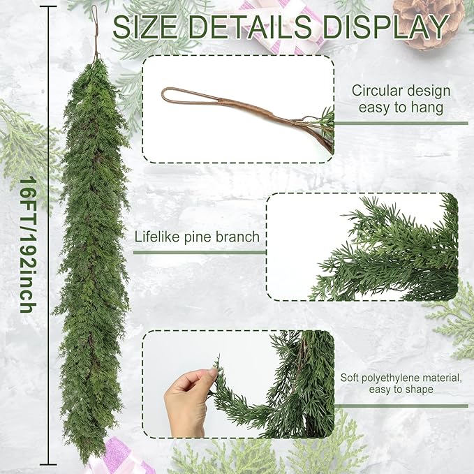 Artgar 16 Ft Christmas Garland - Cedar Garland - Cypress Garlands - Real Touch Pine Garlands - Garland Christmas Decorations for Home Dining Table Mantel Porch Winter Christmas Decor