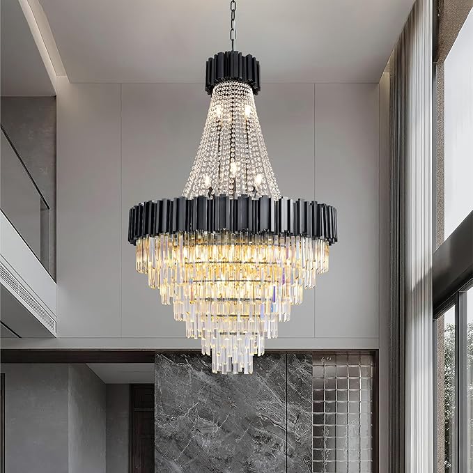 54" Luxury Long Crystal Chandelier for High Ceilings, 21-Light Modern Black Large Chandeliers for Staircase, Foyer, Entryway, Living Room, Hallway, Contemporary K9 Crystal Tiered Chandelier