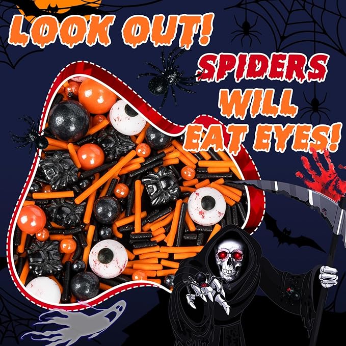 Halloween Terrifying Sprinkles,Candy Bloody Eyeballs,Orange Pearls Black Spider Sprinkle Edible Jimmies Mix,Perfect for Cake Decorations, Baking, Ice Cream, Cookies, Cupcake Topper,Halloween Supplies Children's Party,130g/4.58ounce