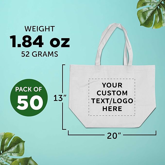 DISCOUNT PROMOS Custom Southern Style Grocery Tote Bags Set of 50 - Personalized Bulk Pack, Reusable Grocery & Shopping Bags - Great for Travel, Carry on Bag, Business Promotions - White - 20"X13"X8"