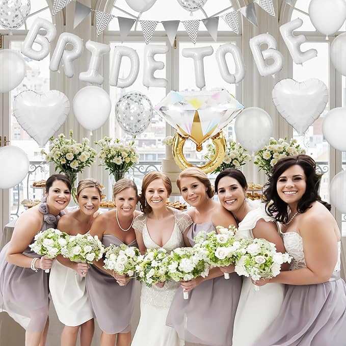 White Bachelorette Party Decorations, White Bride To Be Bridal Shower Balloons Decorations, Silver Confetti Balloon with Diamond Ring Heart Balloon for Bachelorette Engagement Wedding