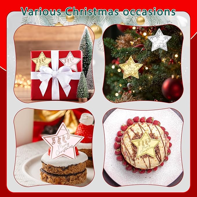 36 Pcs Merry Christmas Acrylic Cupcake Toppers Acrylic Mirror Star Xmas cupcake picks New year Party Cake Decorations