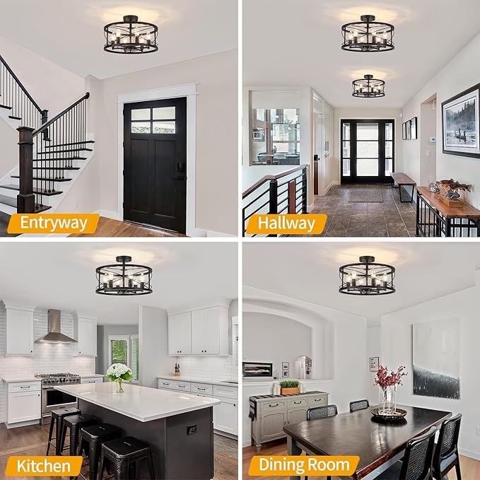 6-Light Black Semi Flush Mount Ceiling Light, 16.54'' Modern Farmhouse Close to Ceiling Light Fixtures, Ceiling Lamp for Hallway Entryway Kitchen Dining Room Living Room Bedroom Lights, UL Listed