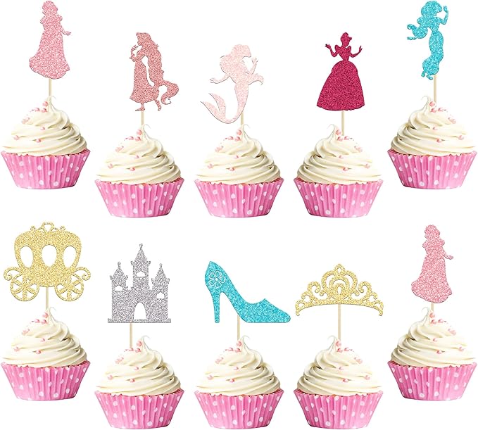 Gyufise 36Pcs Princess Cupcake Toppers Colorful Glitter Mermaid Girl Castle Carriage High Heel Crown Cupcake Picks Princess Theme Baby Shower Girls Birthday Party Cake Decorations Supplies