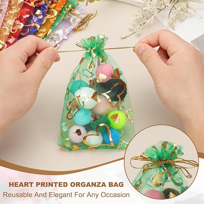 PATIKIL 100 Pcs 4x6 Inch Heart Printed Organza Bags, Rose Red Sheer Heart Organza Bags with Drawstring for Christmas Candy Jewelry Party Wedding Favor Gift