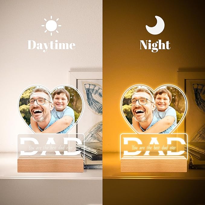 Personalized Photo Gifts for Dad from Daughter and Son, Personalized Picture Frame with Night Light, Custom Acrylic Plaque Photo Frame, Customized Dad Birthday Gifts for Baby Kids Family