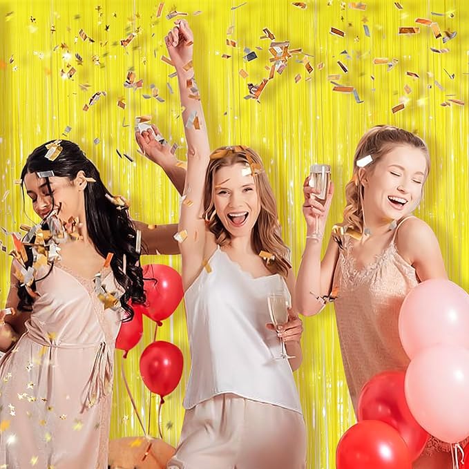 Macaron Yellow Metallic Tinsel Foil Fringe Curtains, 2 Pack 3.3x8.3 Feet Party Streamer for Birthday Party Decorations, Halloween Decor, Foil Curtain for Bachelorette Party