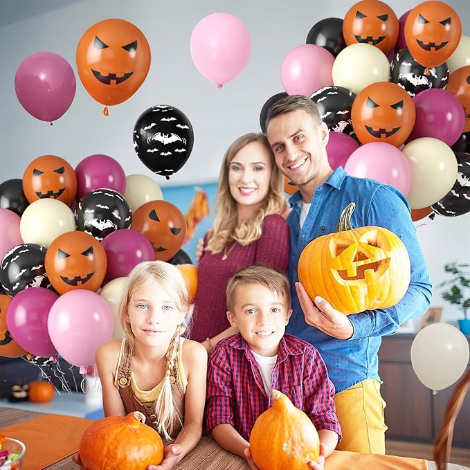 Halloween Party Balloons, Black Hot Pink Orange Balloons, Retro Peach Red Pastel Pink Balloon Black Bat Orange Pumpkin Printed Balloon for Halloween Birthday Baby Shower Home Garden Party Decoration