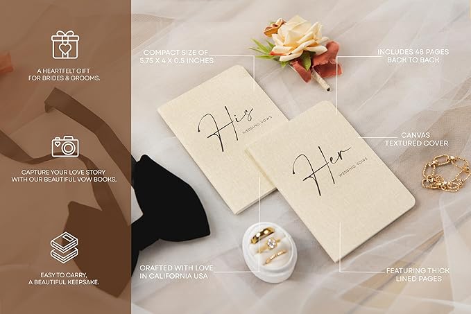 Slim Vow Books (Set of 2 - Design 4) - Soft Cream Canvas Linen Textured Cover Wedding Vow Booklets, Ceremony Speech Promise Notebook Journal, Gift for Newly Engaged Couple, 48 Lined Pages, 5.75" x 4"