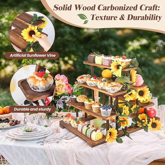 Wooden 7 Tier Cupcake Stand & Towers Serving Trays for Party with Vine Decoration - Party Display Serving Ladder with Platter for Cake, Snacks– Perfect for Catering, Events & Centerpieces
