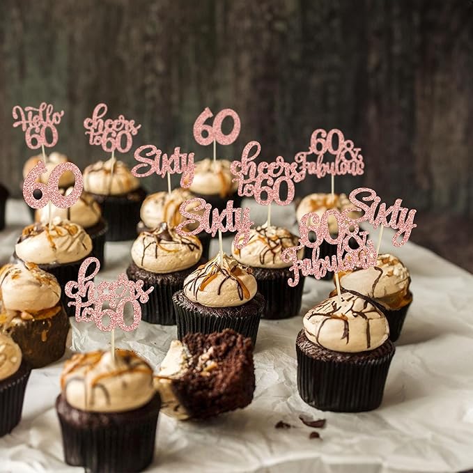 30Pcs Happy 60th Birthday Cupcake Toppers Rose Gold Glitter Sixty Cake Toppers Cheers to 60 Years Old Birthday Cupcake Picks for 60th Birthday Anniversary Party Cake Decorations Supplies