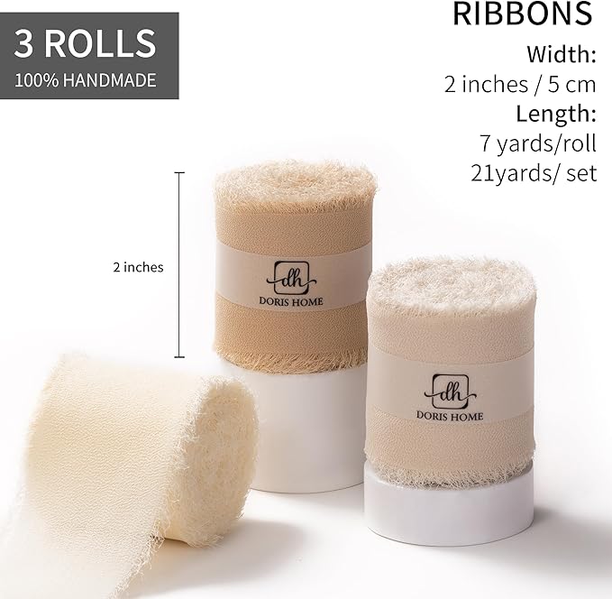 DORIS HOME 2" x21Yd Chiffon Ribbon for Flower Bouquet, Sand & Nude Fabric Ribbon for Gift Wrapping, Handmade Frayed Ribbon for Wedding/Christmas Decorations