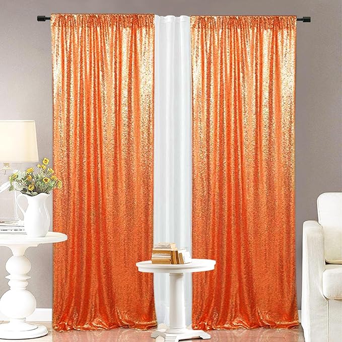 Eternal Beauty 2 PCS Sequin Backdrop Curtain, Halloween Sequin Wedding Backdrop for Christmas Party, Birthday (Orange 2FTx8FT)