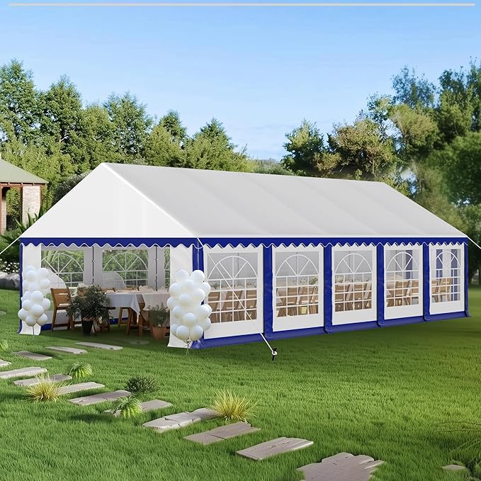 PHI VILLA 32'x16' Outdoor Heavy Duty Party Tent Large Commercial Canopy Wedding Event Shelter with Removable Sidewalls & 4 Storage Bags for Patio Outdoor Garden Events, Blue