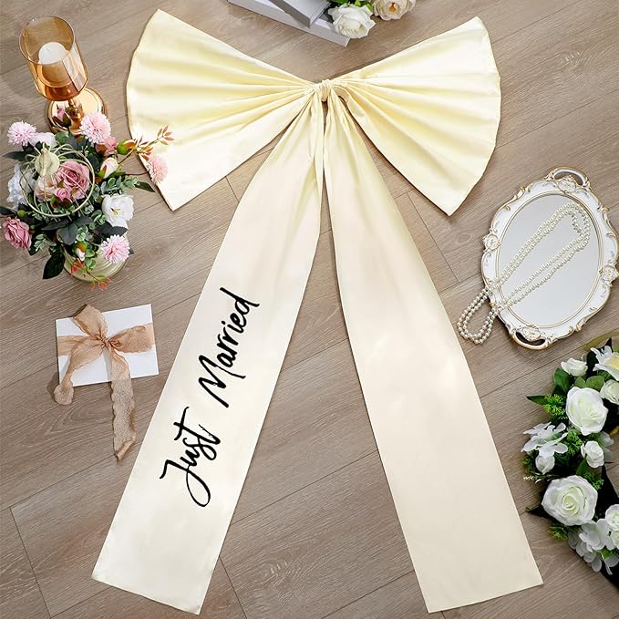 Zeyune 30 Inch Just Married Car Bow Decorations Wedding Reception & Ceremony Decor Kit Giant Ribbon Bow Automotive Decoration Accessories Ideal for Elegant Wedding Party Decor(Black Words)