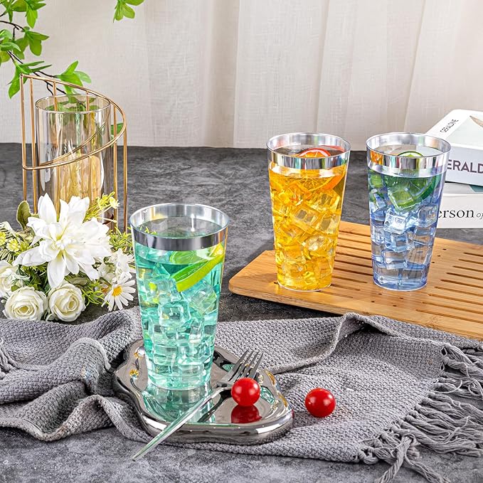 I00000 16 oz Silver Plastic Cups, 100 Pack Clear Plastic Cups,Silver Rimmed Disposable Cup, Heavy-duty Disposable Tumblers Perfect for Party, Holiday, Wedding & Birthday