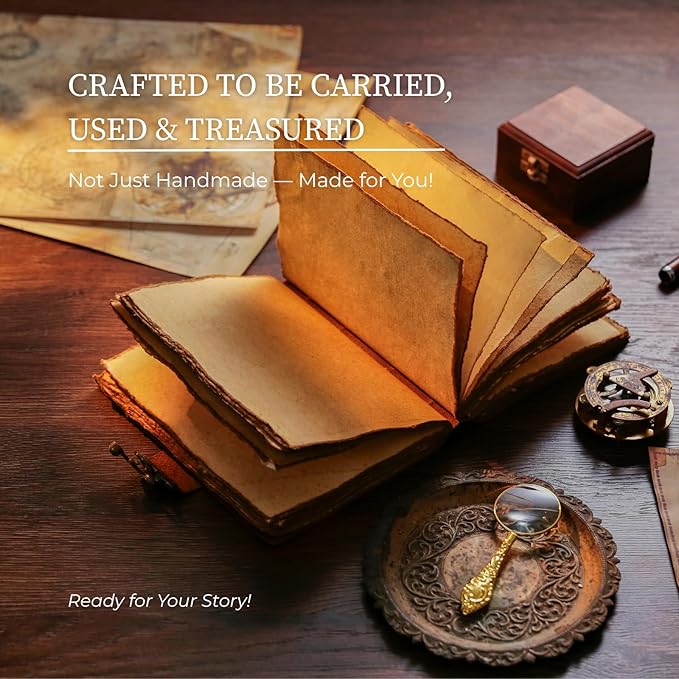 NomadCraftsCo. Vintage Leather Journal - Lock Closure, Book of Shadows, Grimoire, Witch Journal, 240 pages Antique Deckle Edge Paper