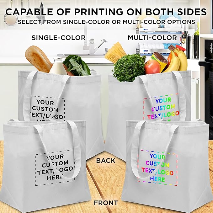 DISCOUNT PROMOS Custom Southern Style Grocery Tote Bags Set of 50 - Personalized Bulk Pack, Reusable Grocery & Shopping Bags - Great for Travel, Carry on Bag, Business Promotions - White - 20"X13"X8"