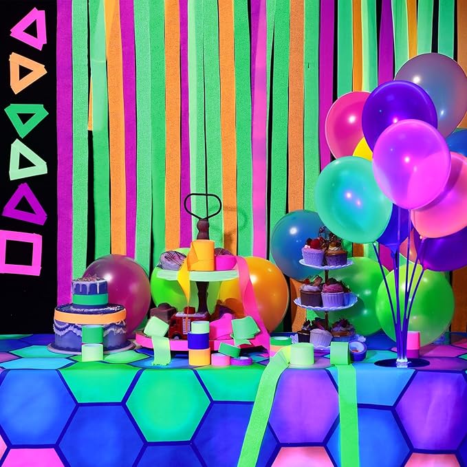 Haull 118 x 39 Inch Neon Light up Dance Floor Glow in The Dark Runner UV Reactive Blacklight Floor Aisle Runner Decor Wall Props for 80s 90s Neon Birthday Party Decorations(Hexagon)