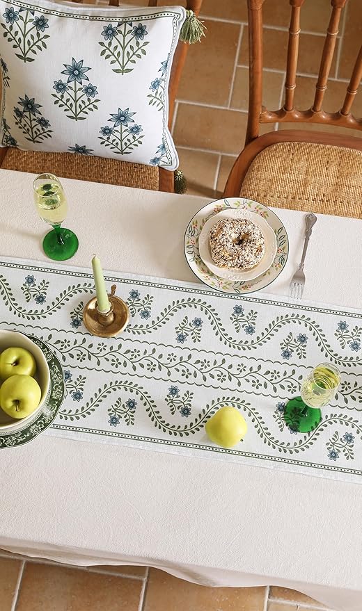 ISAENNE Designer White Elegant Linen Table Runner 102 Inches Long,Chinoiserie Floral Decor Durable Table Runners for Dining Tables,Thanksgiving,Kitchen Tables,Christmas,12"*102"-Mosella D