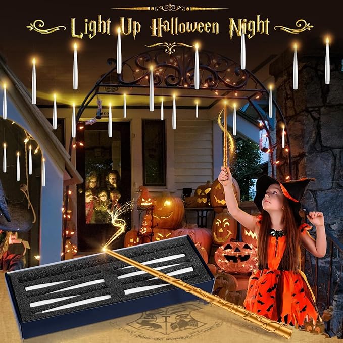 Floating Candles with Wand - 18 Pcs Halloween Decorations Magic Flameless Candles Flickering Warm Light Battery Operated LED Hanging Candles for Christmas Window Bedroom Birthday Party Decor