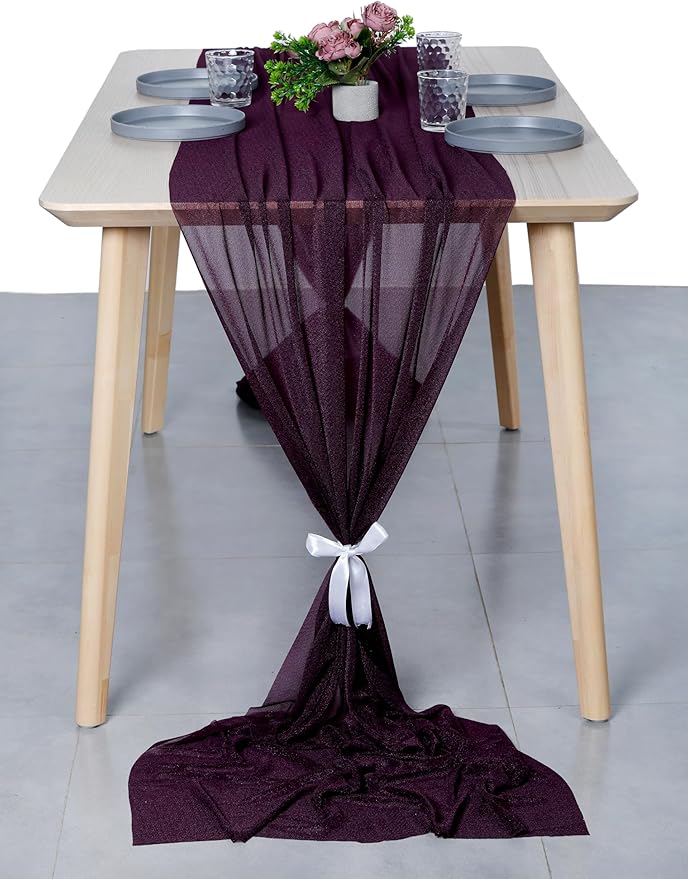 MDS 25 Pack 10ft Chiffon Table Runner 29 x 120 Inches Sheer Wedding Runner Romantic Rustic Table Runner for Wedding Decorations, Birthday Parties, Bridal Shower Party Arch Decor - Eggplant