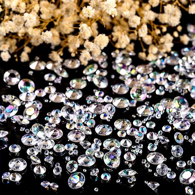 Hicarer 800 Pieces Diamond Decorations Acrylic Diamond Table Scatter Crystals for Table for Vase Fillers Party Decorations(12, 8, 6, 3, 2mm,AB Color)