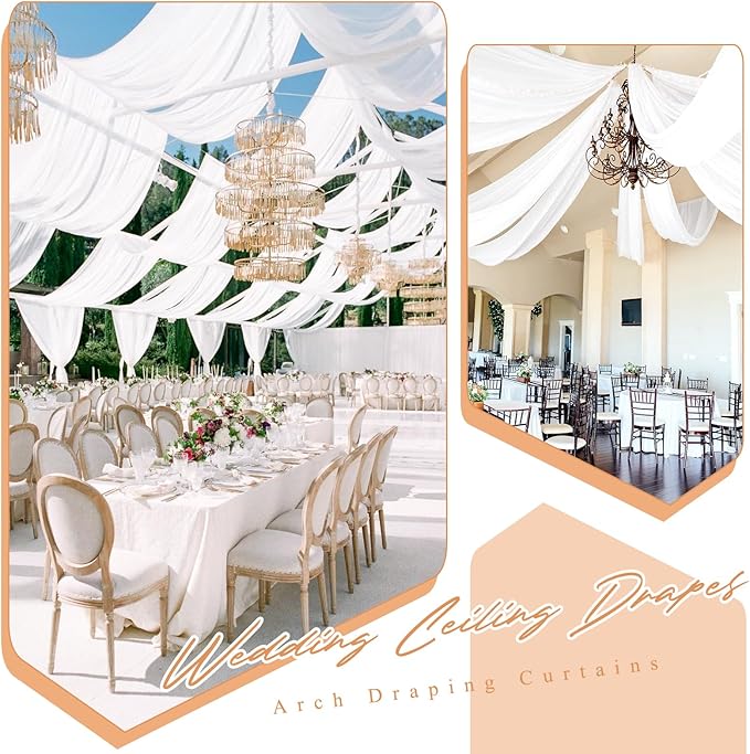 6 Panels White Ceiling Drapes for Wedding 5ftx20ft Sheer Drapery Chiffon Fabric Arch Draping Curtains for Party Ceremony Birthday Baby Shower Reception Stage Ceiling Decorations