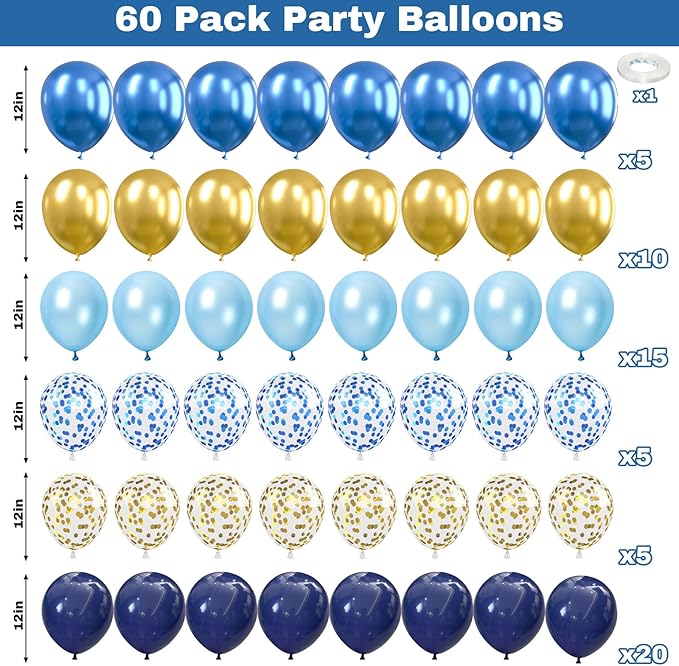 Blue and Gold Balloons, 60Pcs 12Inch Navy Pearl Party Balloons With Metallic Helium Balloon Confetti Latex Set for Boys Birthday Baby Shower Christening Decorations