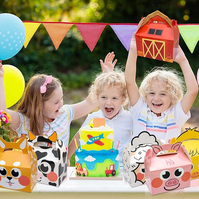 24 Pack Farm Animal Party Favor Boxes, Farmhouse Themed Party Candy Goodie Treat Gift Boxes for Baby Shower Kids Birthday Party Decorations Supplies, 8 Designs