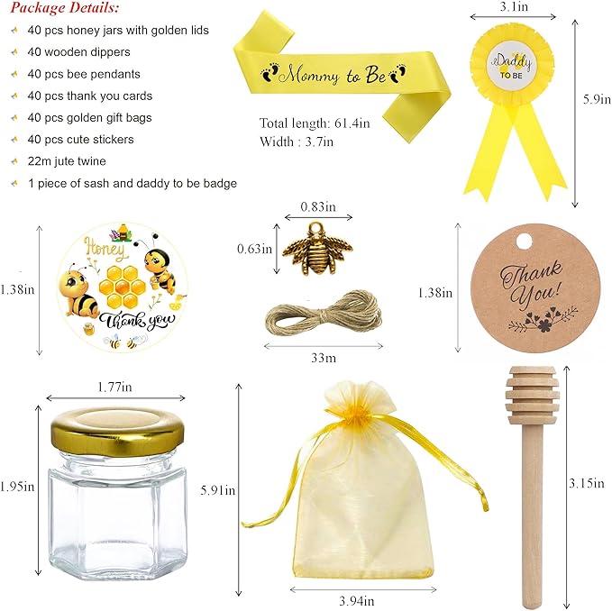 IIKUM 40 Pack Glass Honey Jars, 1.5 oz Honey Pot with Baby Shower Sash, Lids, Dippers, Bee Pendants, Gift Bags, Cards, Jute and Stickers-Ideal Honey Jars Set for Baby Shower, Wedding and Party Favors