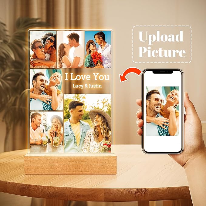 Custom Couple Picture Frames with Photos, Customized Acrylic Plaque Photo Frame with Night Light, Personalized Anniversary Birthday Gifts for Women Men Him Her Boyfriend Girlfriend