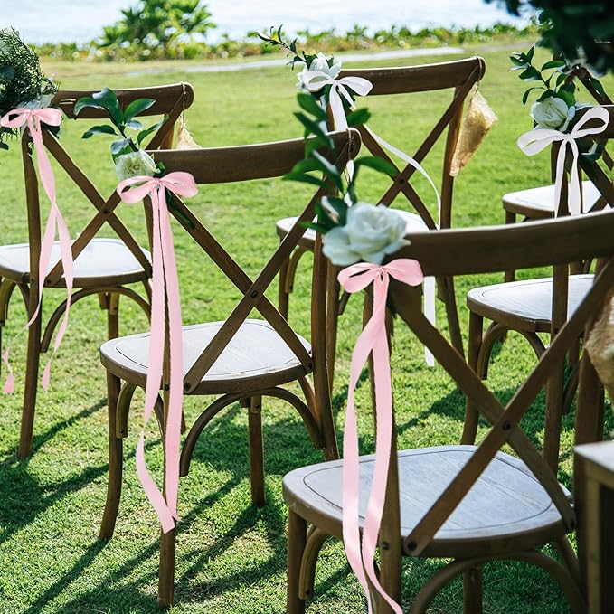 Big Bow with 24 Pcs Chair Ribbon Wedding Aisle Decorations, 78x18 inch Giant Bow for Backdrop Detachable Bow for Dress, Pew Bows Sashes for Chair Wedding Ceremony Outdoor Party (Pink)