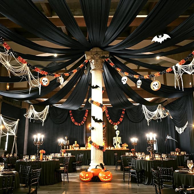 PartyVillage 50ftx40ft Black Ceiling Curtain for Halloween Parties – 10 Panels Wrinkle-Free 40 FT Long Tent Draping Curtains for Wedding, Birthday & Theme Parties, 40ft Height with Rod Pocket