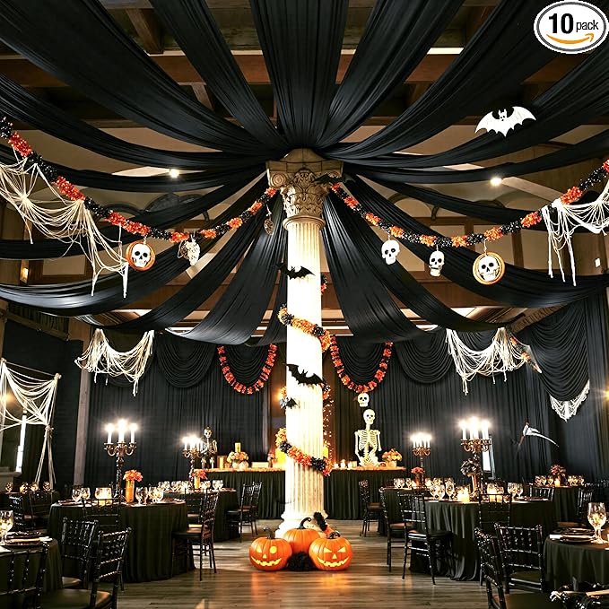 PartyVillage 10 Panels 5ftx30ft Black Ceiling Drapes for Halloween Parties – 30 FT Extra Long Thick Polyester Wrinkle-Free Drapery Tent Decor Decorations for Birthday Party Ceremony Stage Swag