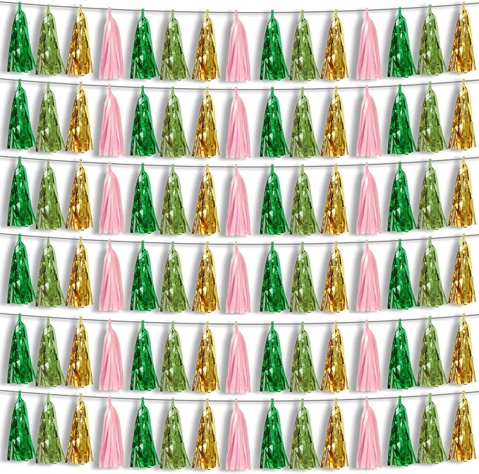 6P Sage-Green Pink-Gold Foil Fringe Metallic Tassel Garland, Tassels Banner Streamers for Parade Floats, Bachelorette, Wedding, Birthday, Graduation, Christmas, Bridal/Baby Shower Party Decorations