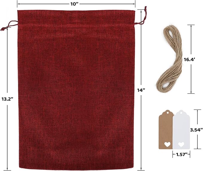 Tapleap Burlap Bags with Drawstring - 10Pcs 10x14 Red Gift Sacks for Wrapping Halloween Favors, Seeds, Root Ball, For Birthday, Wedding, Rustic Themed Party or Household Use