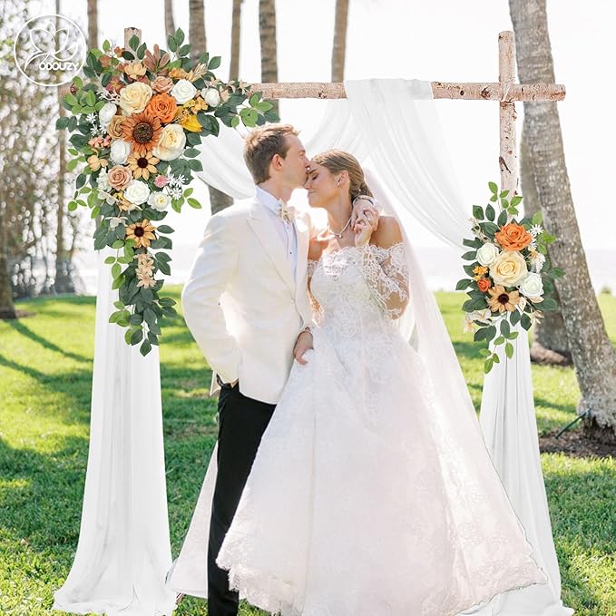 Wedding Arch Flowers Kit,Artificial Flower Arch Decor (Set of 3),2pcs Artificial Flower Arrangement with 1pc Sheer Drape for Wedding Decor Reception Backdrop Floral Decorations (Coffee Orange)